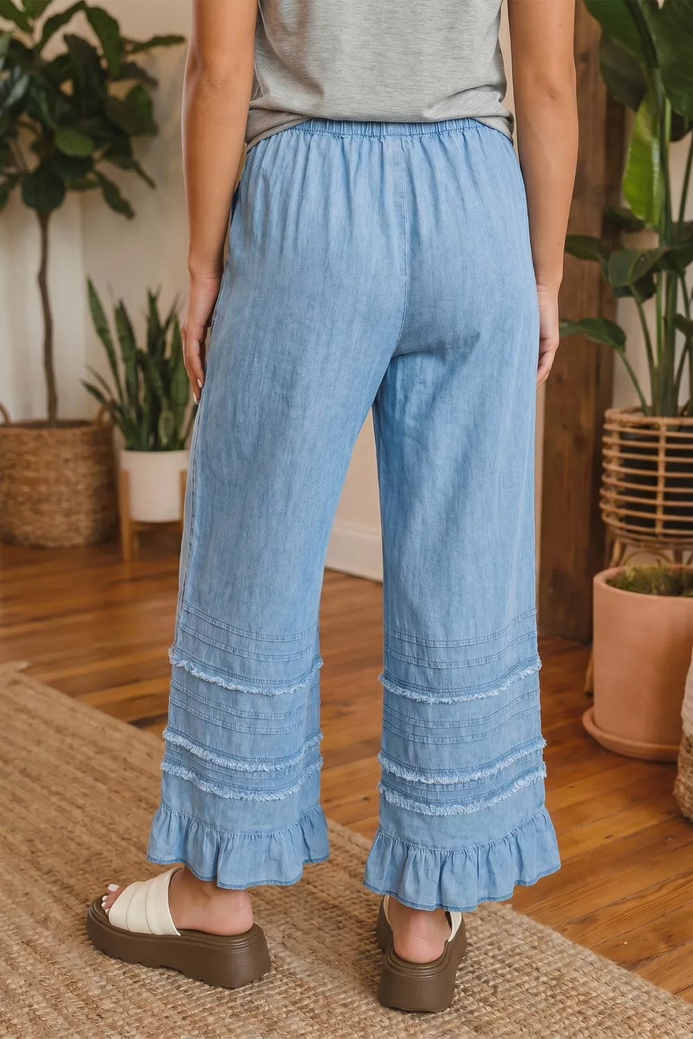 Ruffled Hem Wide Leg Chambray Jeans, image 5