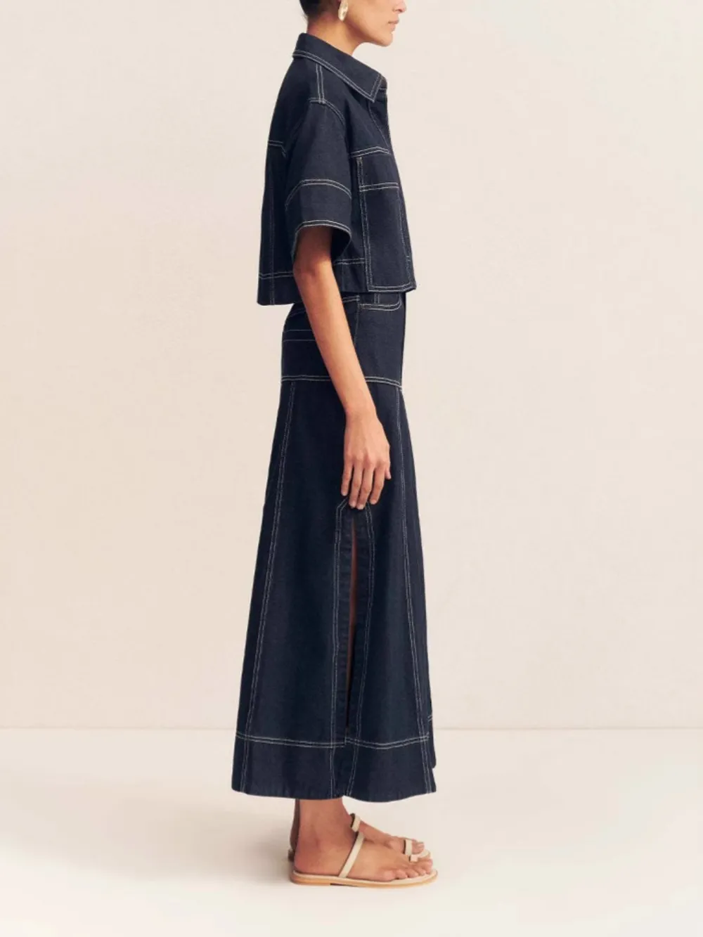 High-Waist Side Slit Contrast Stitch Denim Maxi Skirt, image 4