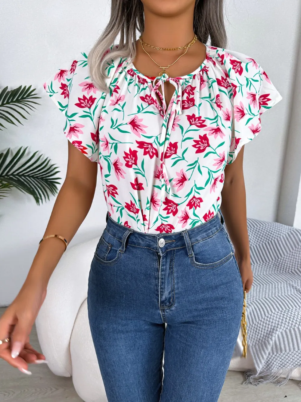 Floral Tie Neck Flutter Sleeve Blouse, image 14