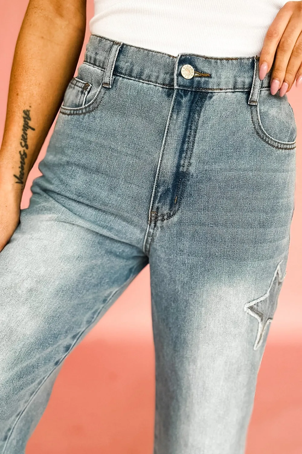 Star Embroidered High Waist Wide Leg Jeans, image 2