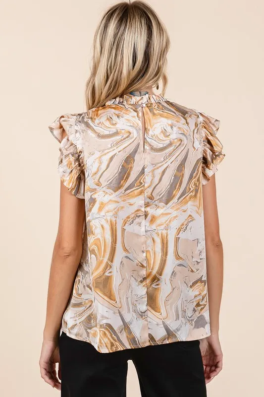 Abstract Print Ruffle Short Sleeve Satin Top, image 2