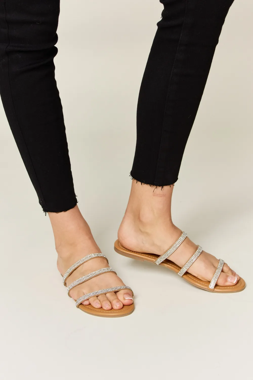 Rhinestone Three-Strap Flat Sandals, image 3