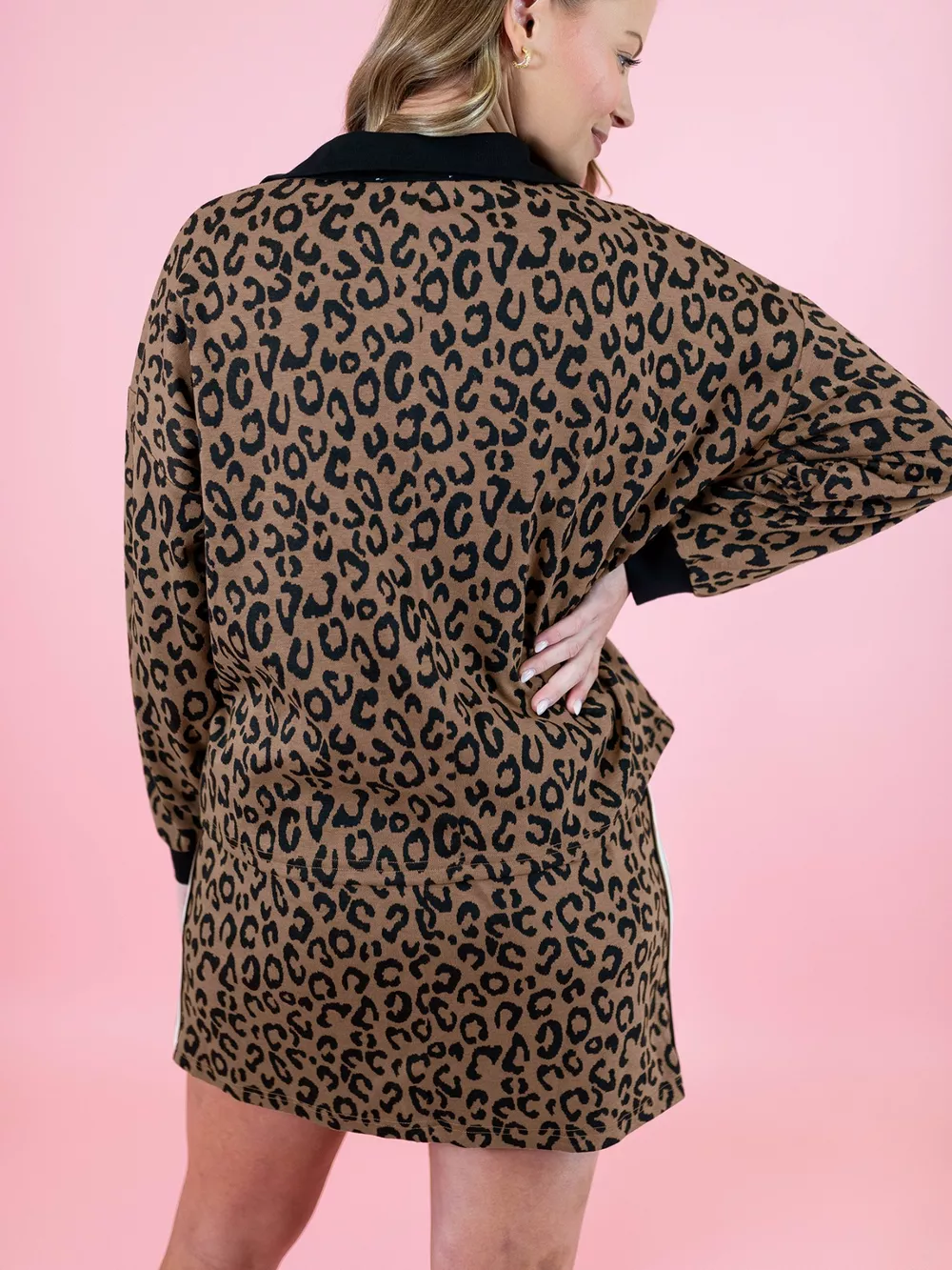 Leopard Print Half Zip Pullover & Drawstring Skirt Set, image 3
