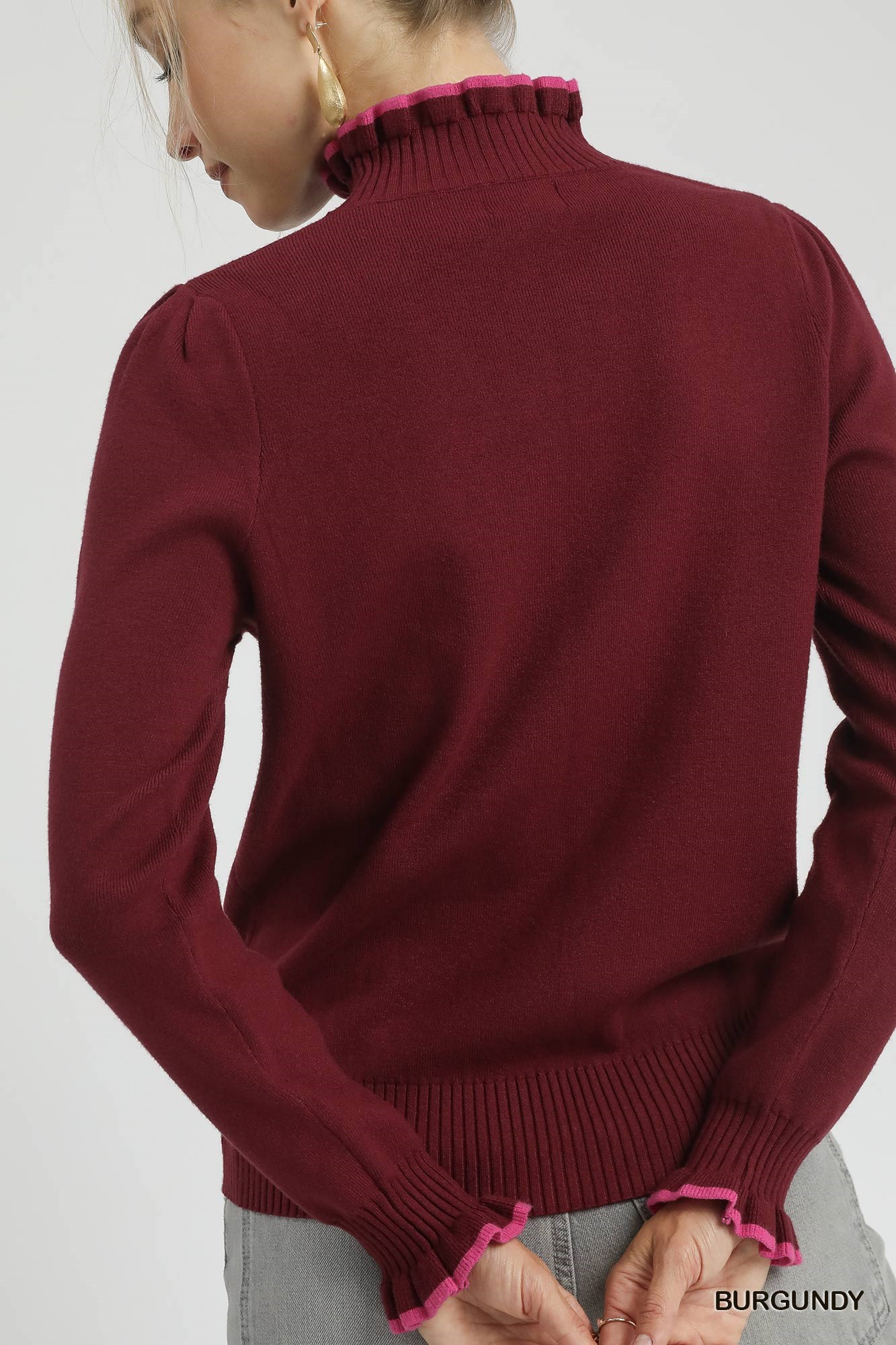 Ribbed Round Neck Sweater with Ruffle Contrast Trim, image 6