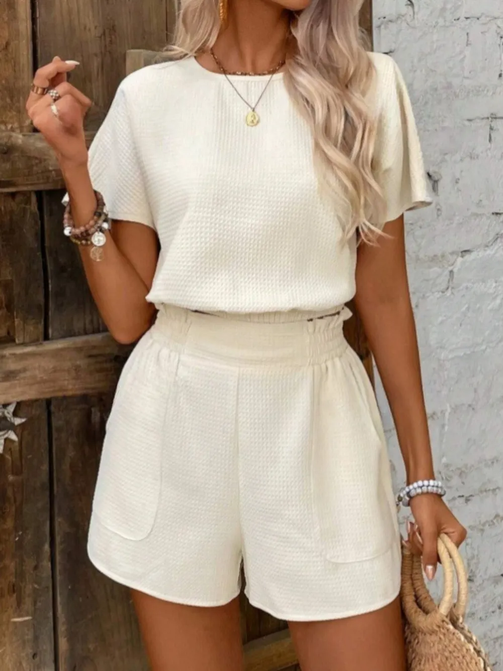 Round Neck Short Sleeve Top and Shorts Set, image 4