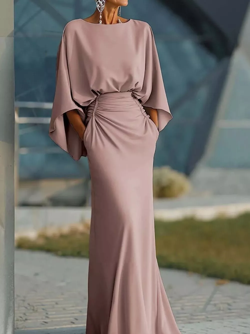 Batwing Sleeve Ruched Maxi Dress, image 4