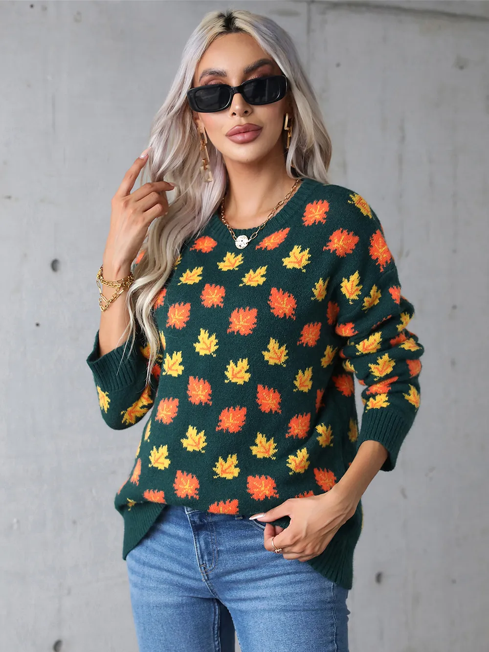 Maple Leaf Round Neck Long Sleeve Sweater, image 9