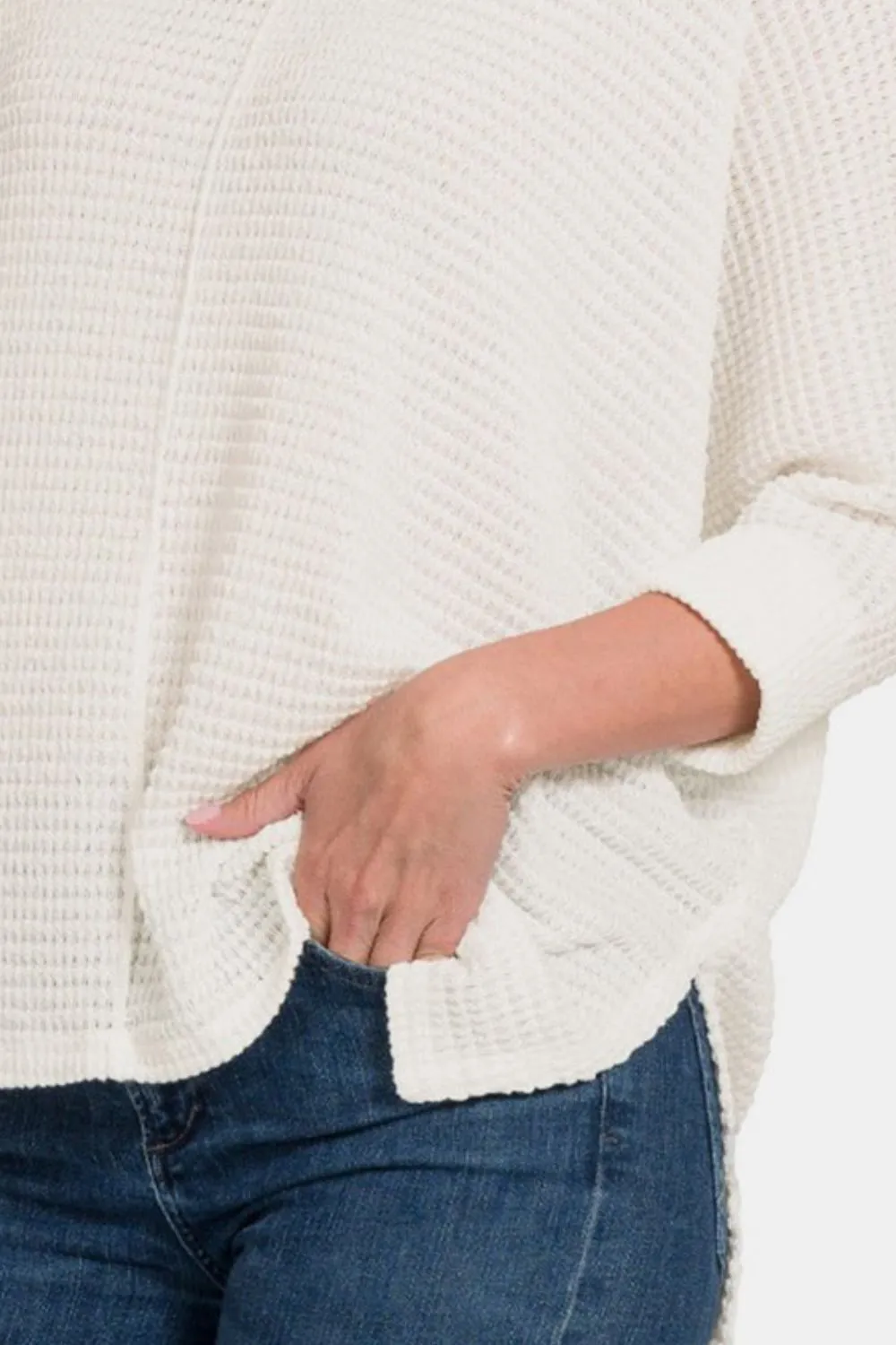 Full Size Round Neck High-Low Slit Knit Top, image 3