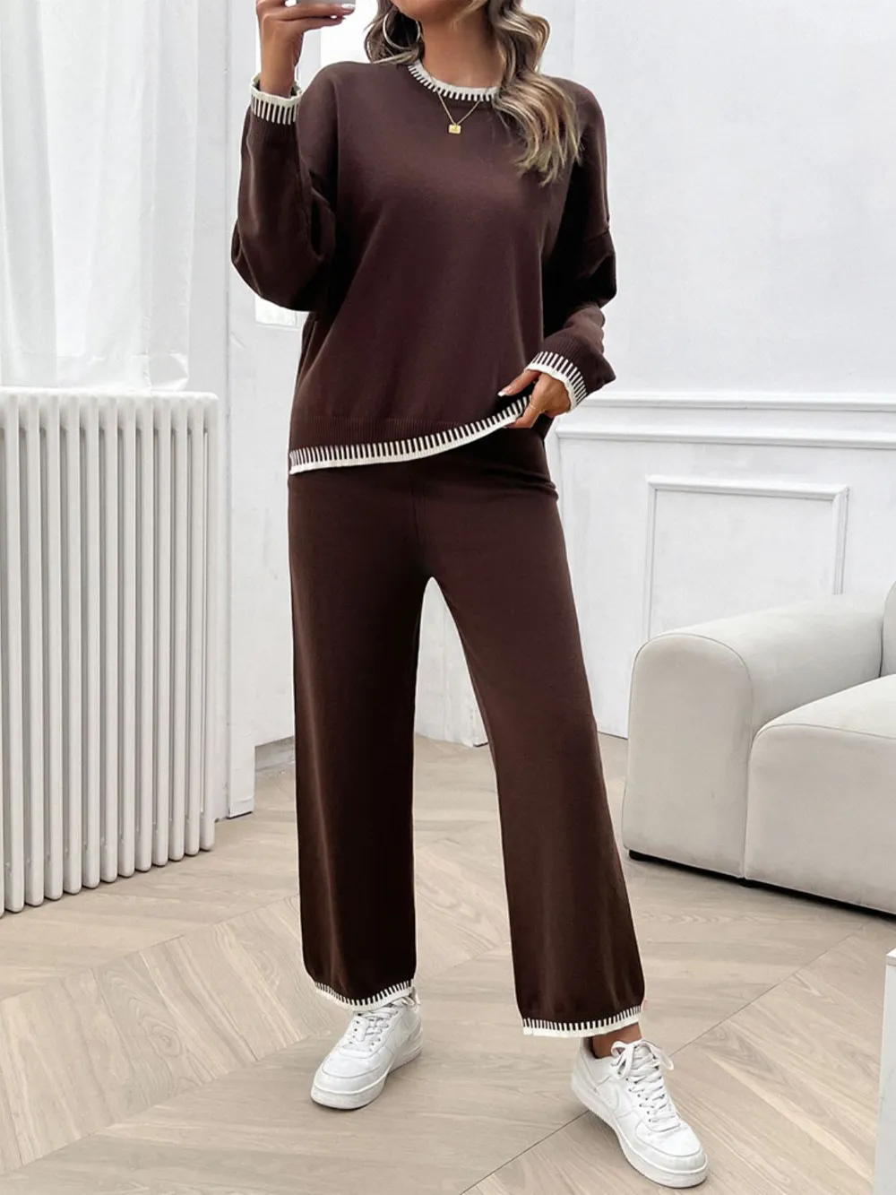 Round Neck Dropped Shoulder Top and Pants Sweater Set, image 20