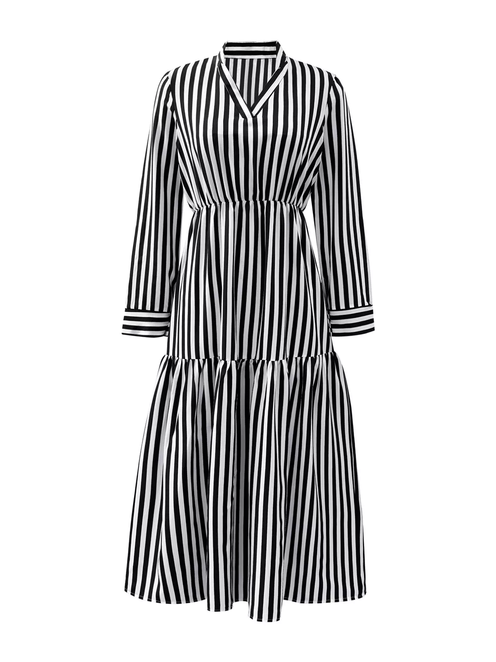 Striped Notched Long Sleeve Midi Dress, image 3