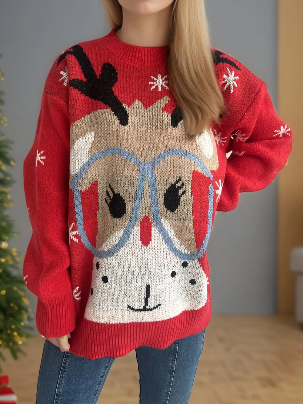 Reindeer Round Neck Dropped Shoulder Sweater, image 7