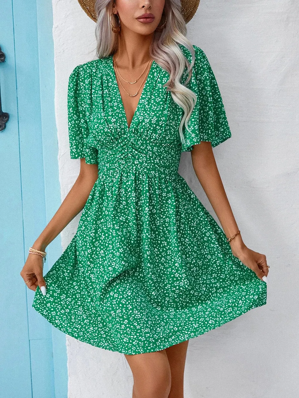 Printed V-Neck Half Sleeve Mini Dress, image 11