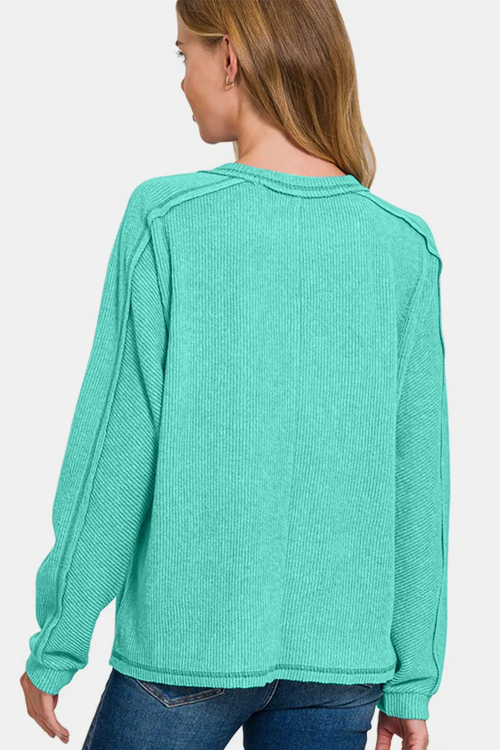 Full Size Contrast Stitching Brushed Ribbed Hacci Knit Top Plus Size, image 2
