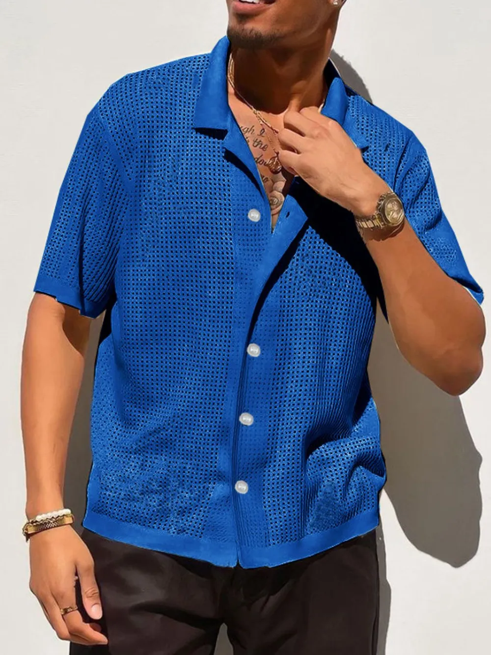 Men's Full Size Openwork Button Down Collared Neck Shirt Plus Size, image 6