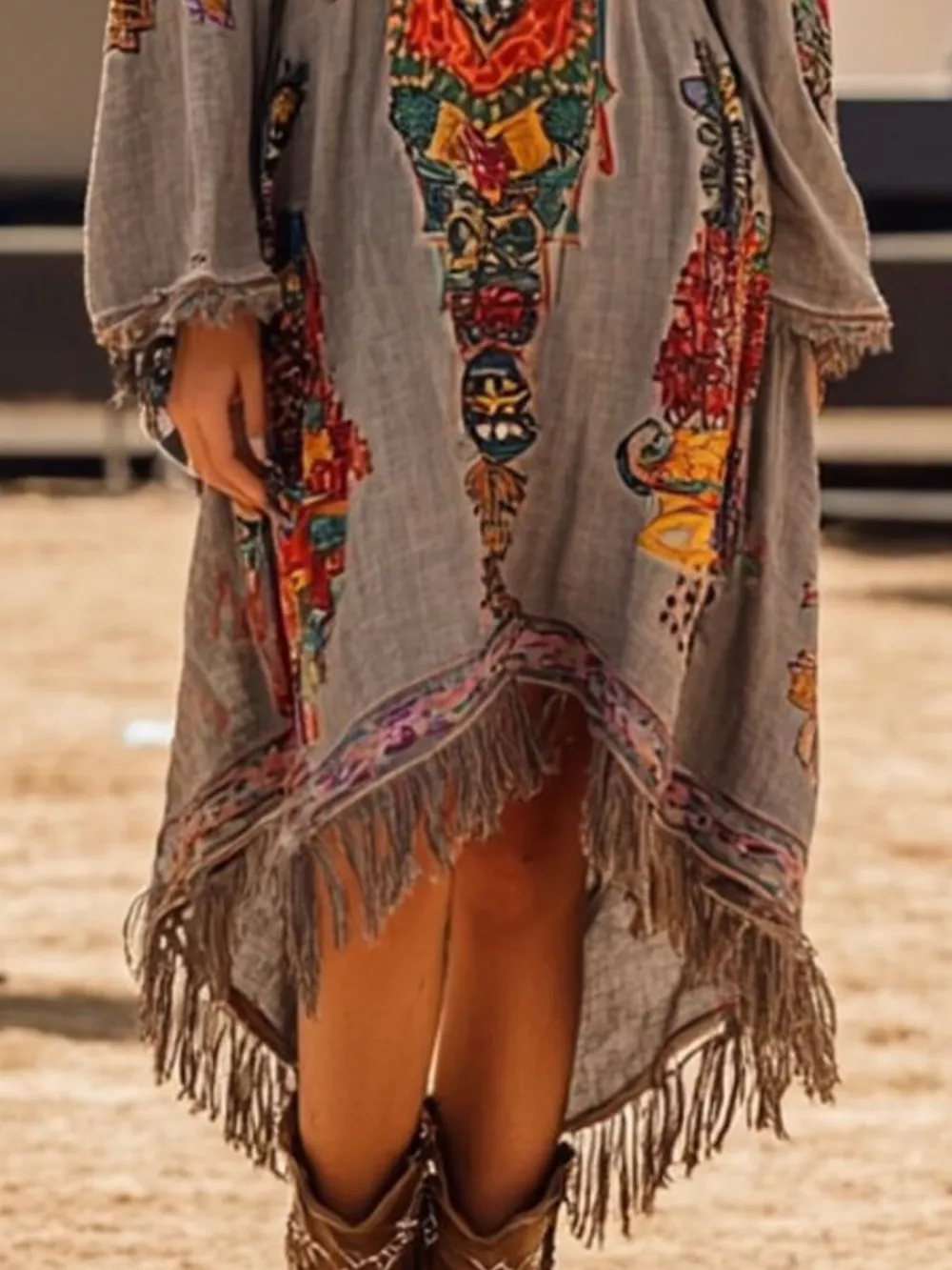 Fringe Hem Notched Long Sleeve Dress, image 3