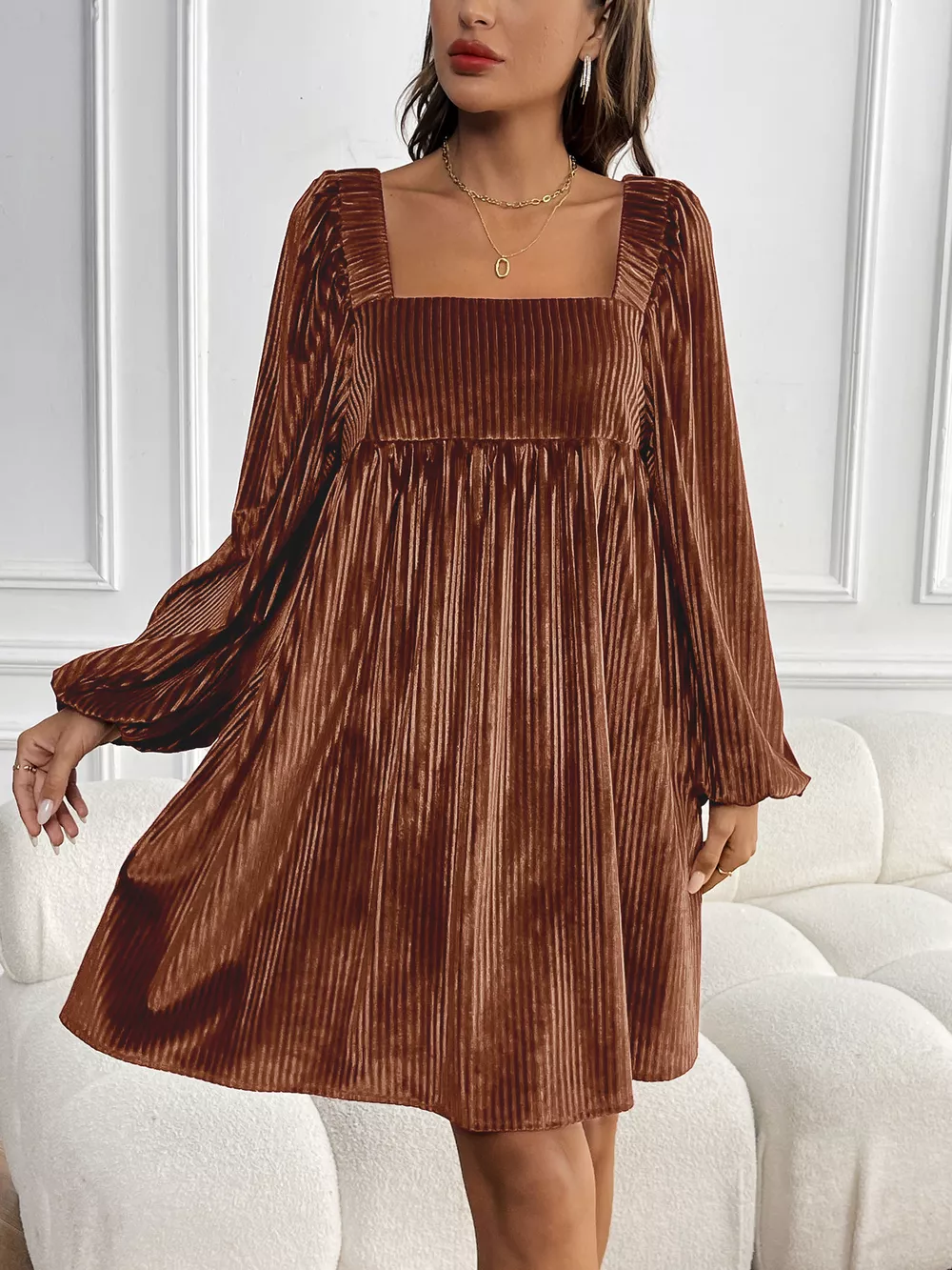 Velvet Square Neck Long Sleeve Dress
