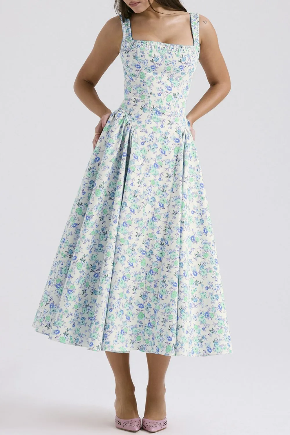 Floral Square Neck Wide Strap Midi Dress