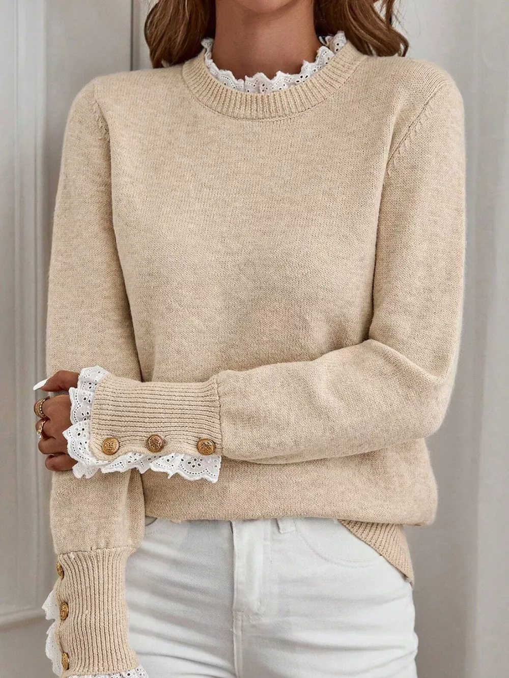 Lace Trim Button Cuff Long Sleeve Sweater