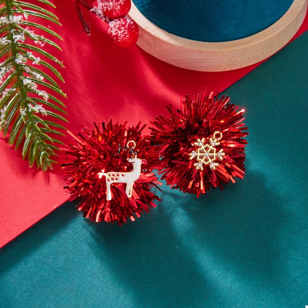 Christmas Asymmetrical Tinsel Ball Earrings, image 6