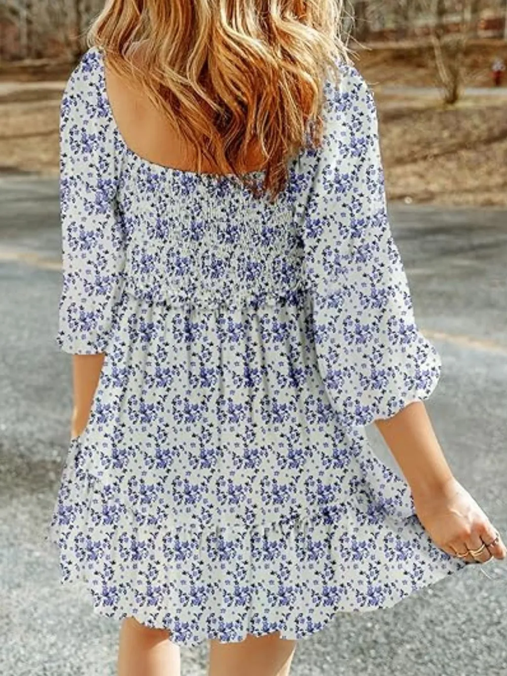 Smocked Floral Square Neck Dress, image 4
