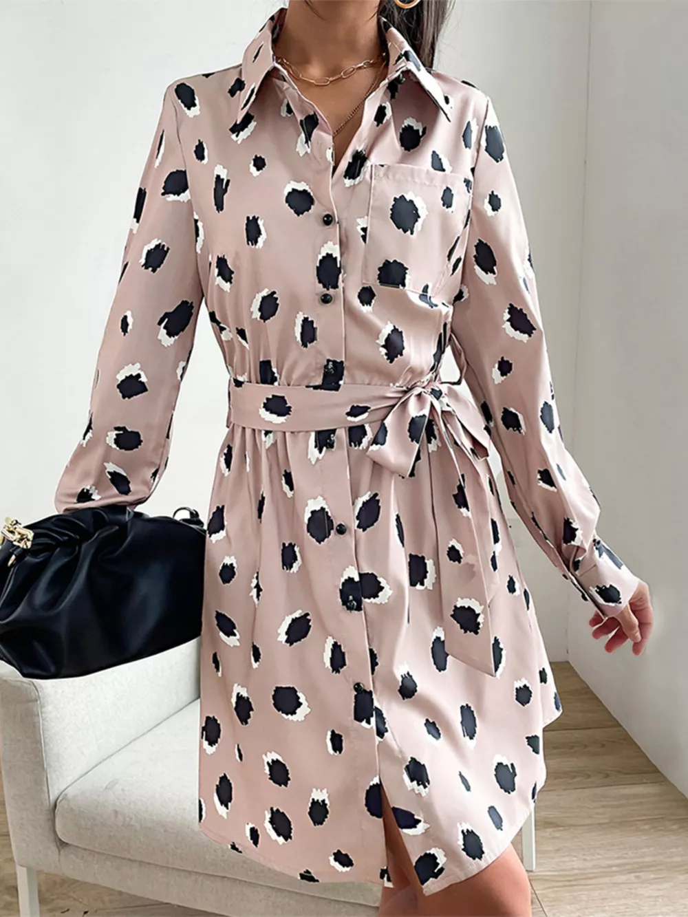 Printed Long Sleeve Mini Shirt Dress, image 2