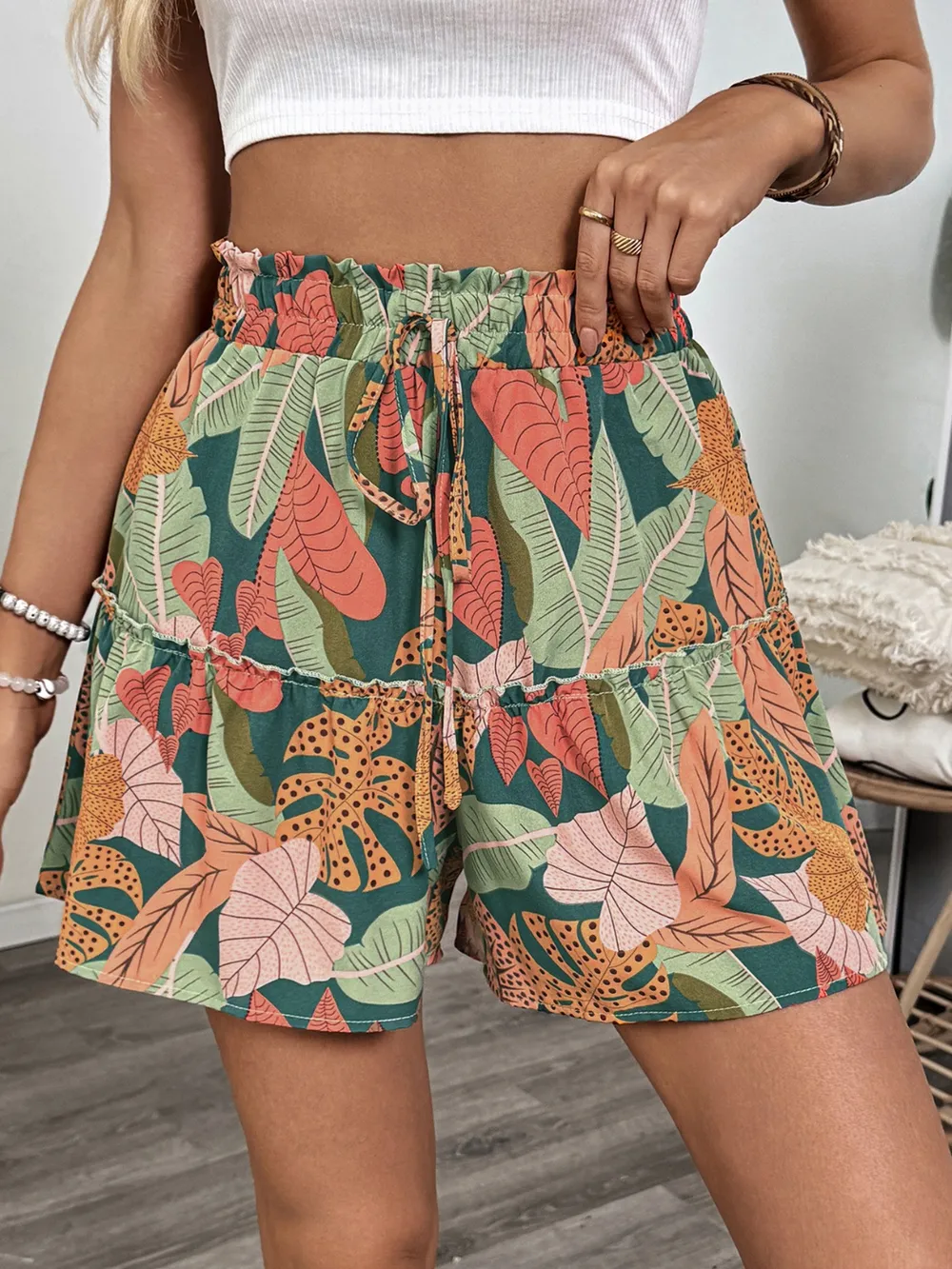 Tropical Print High Waist Shorts, image 2