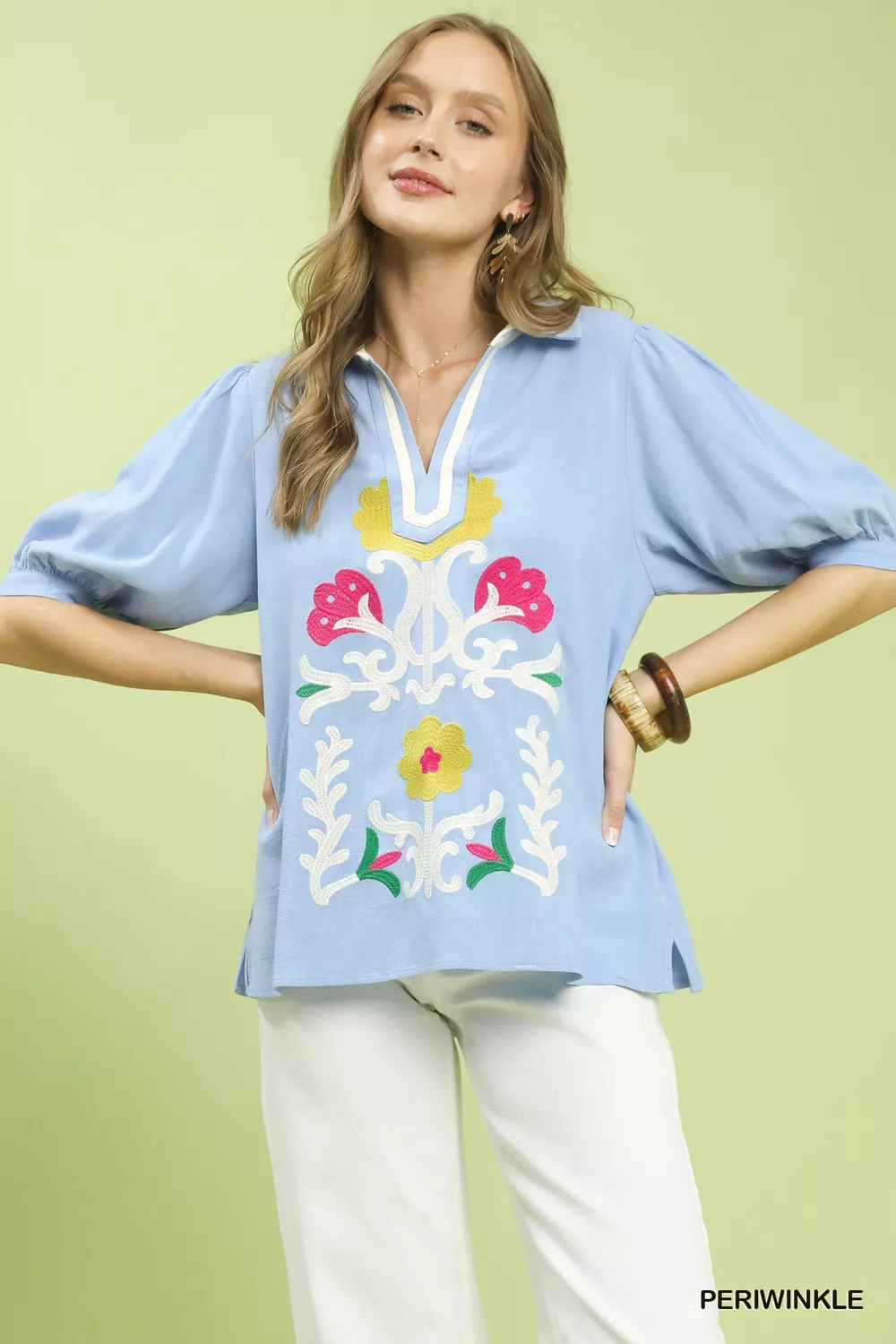 Mixed Media V-Neck Print Blouse