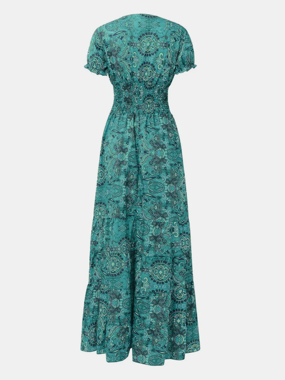 Full Size Smocked Printed V-Neck Short Sleeve Dress, image 5