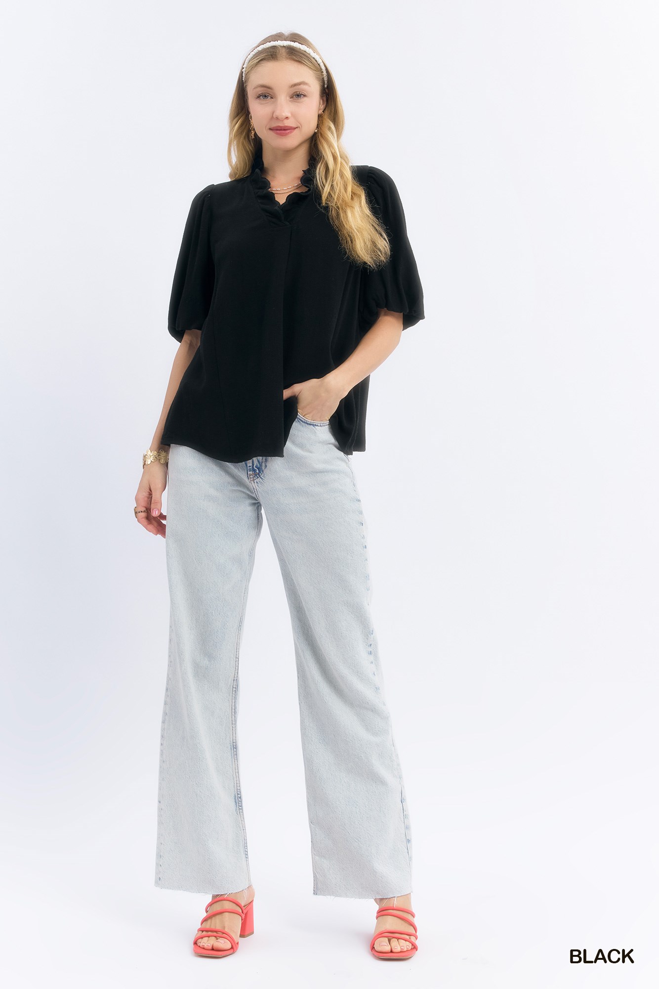 Linen Scallop Trim V-Neck Blouse, image 2