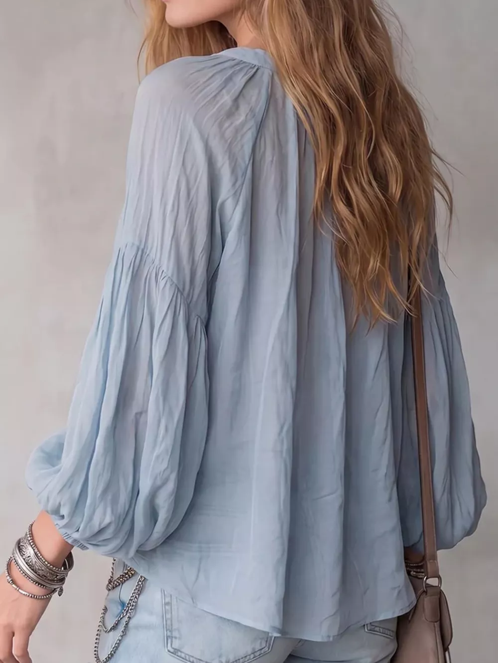 Notched Balloon Sleeve Blouse, image 4