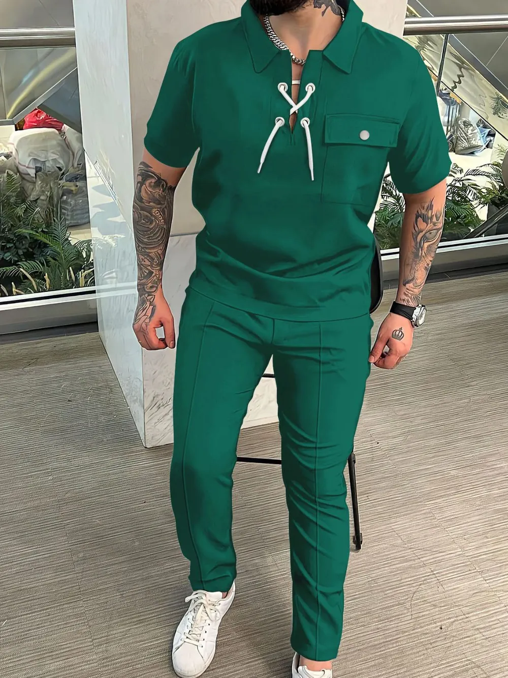 Men's Full Size Lace Up Short Sleeve Top and Pants Plus Size, image 5