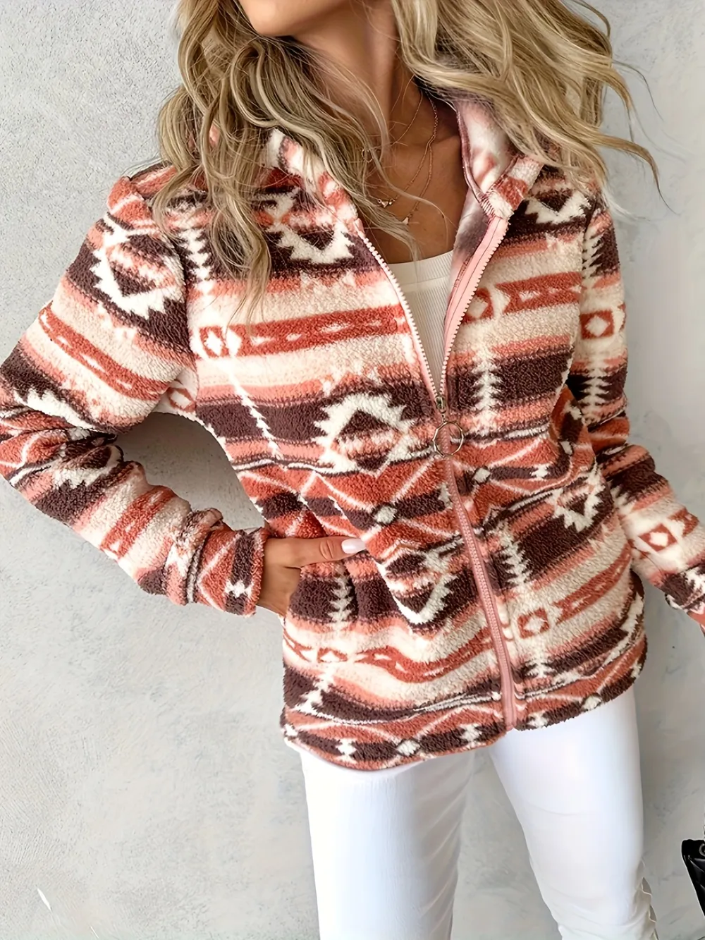 Geometric Zip Up Long Sleeve Hooded Jacket, image 2