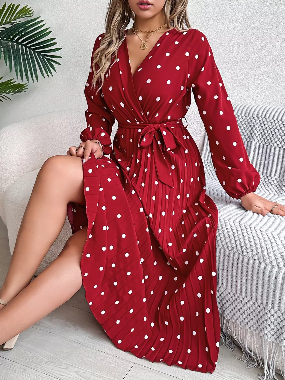 Front Tie Polka Dot Midi Pleated Dress, image 10