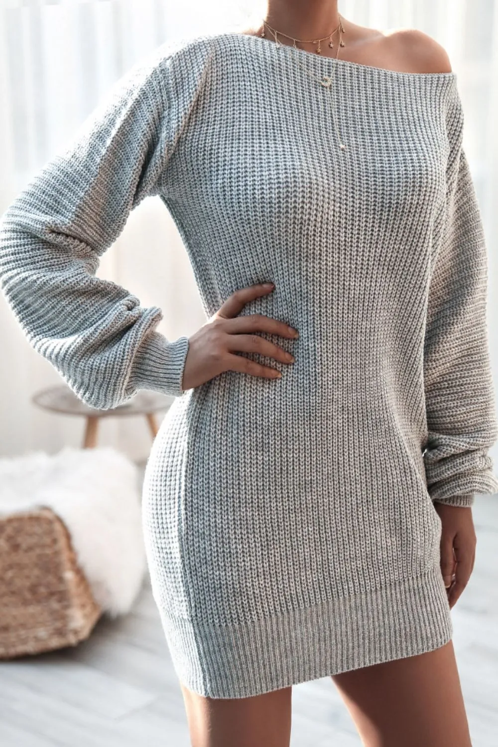 Boat Neck Long Sleeve Mini Sweater Dress, image 15
