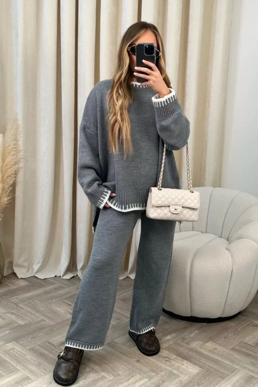 Contrast Trim Round Neck Top and Pants Sweater Set, image 3