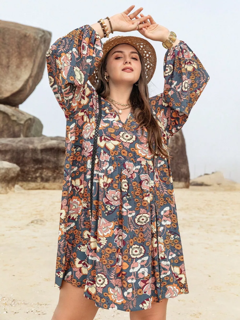 Plus Size Floral Print Long Sleeve Mini Dress