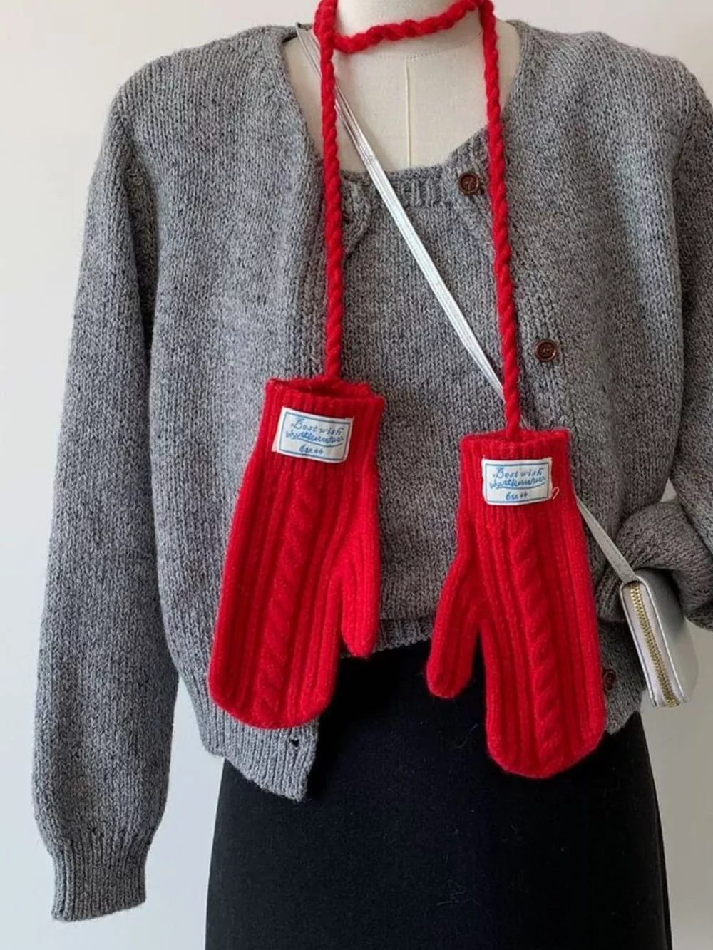 Cable Knitted Mittens with Neck Strap