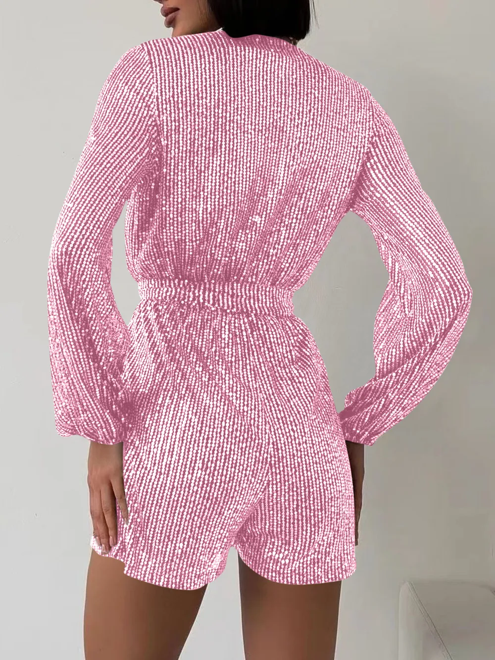 Full Size Sequin Surplice Tie Waist Long Sleeve Romper, image 6