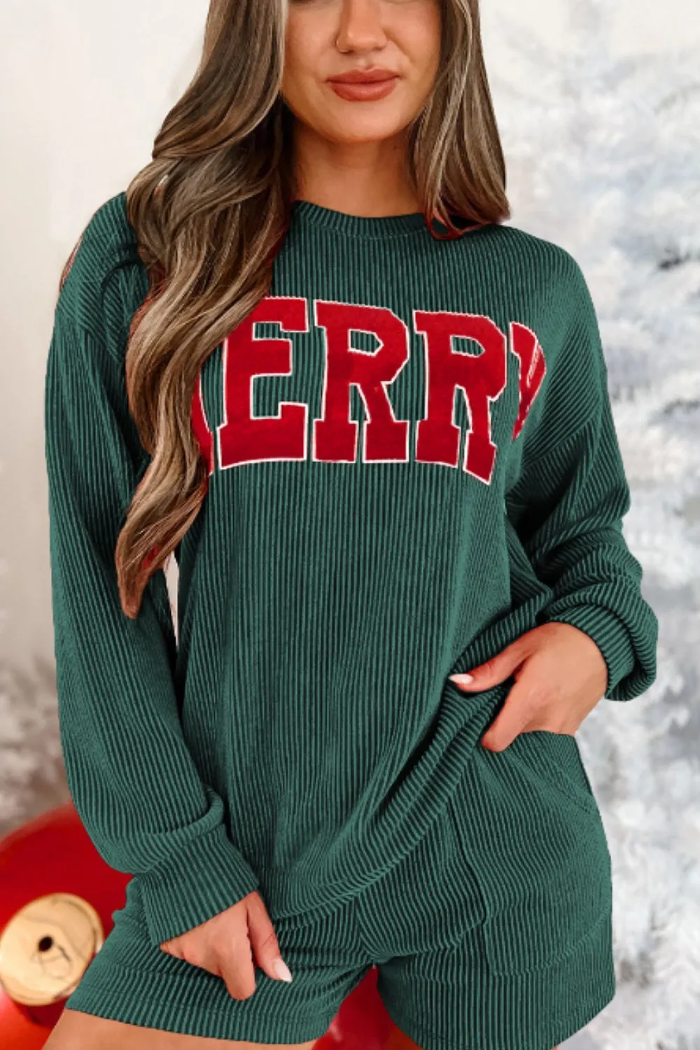 MERRY Round Neck Long Sleeve Top and Shorts Lounge Set, image 5