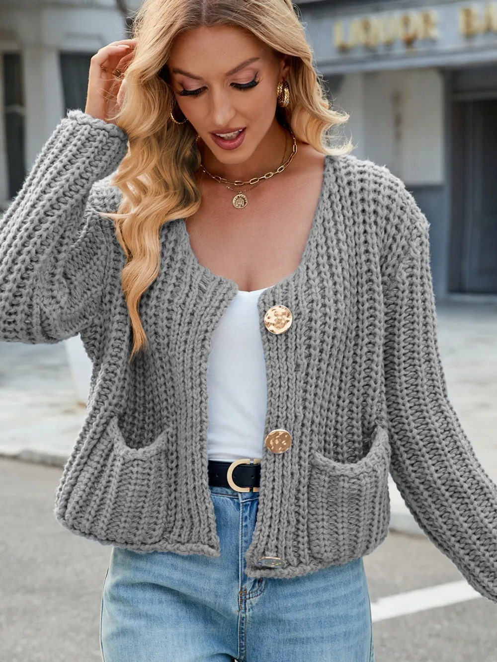 Round Neck Button Up Cardigan with Pockets, image 10