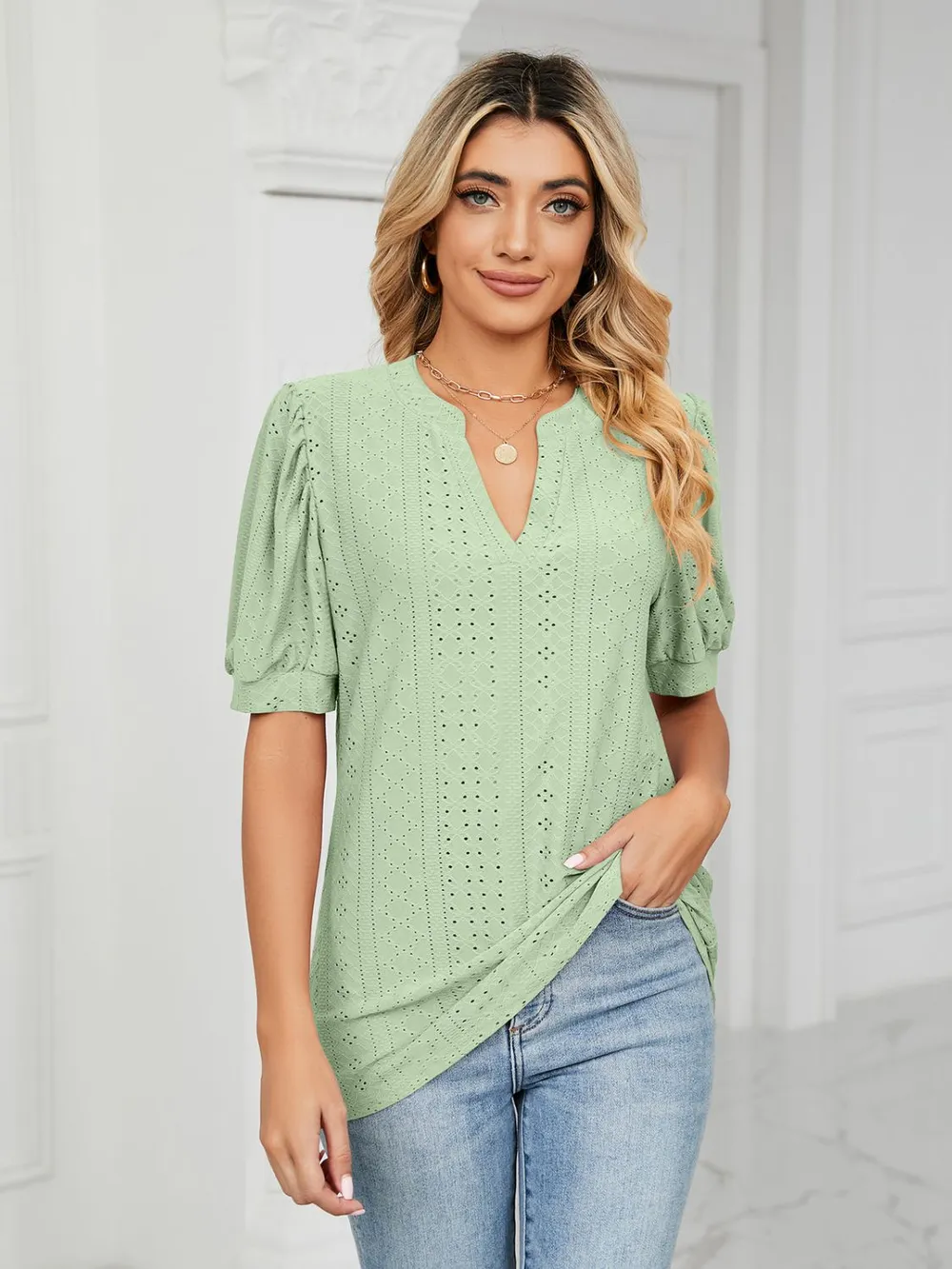 Eyelet Notched Short Sleeve T-Shirt, image 23