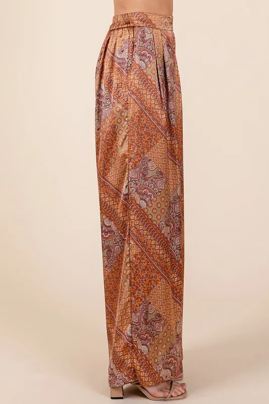 Paisley Patchwork Print Satin Wide Leg Pants, image 2