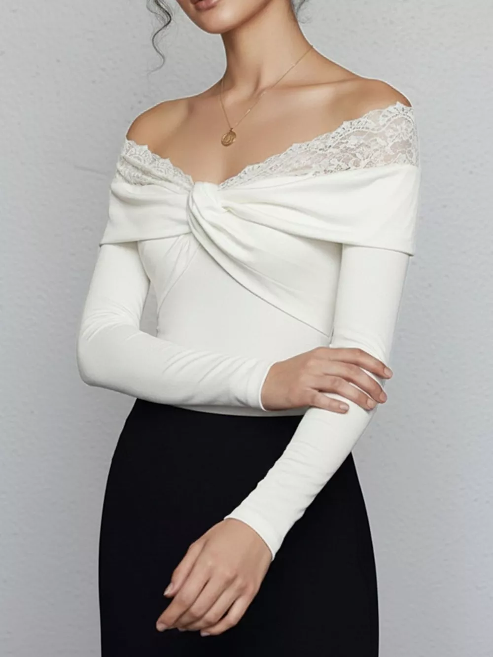 Lace Detail Off-Shoulder Long Sleeve Bodysuit, image 3