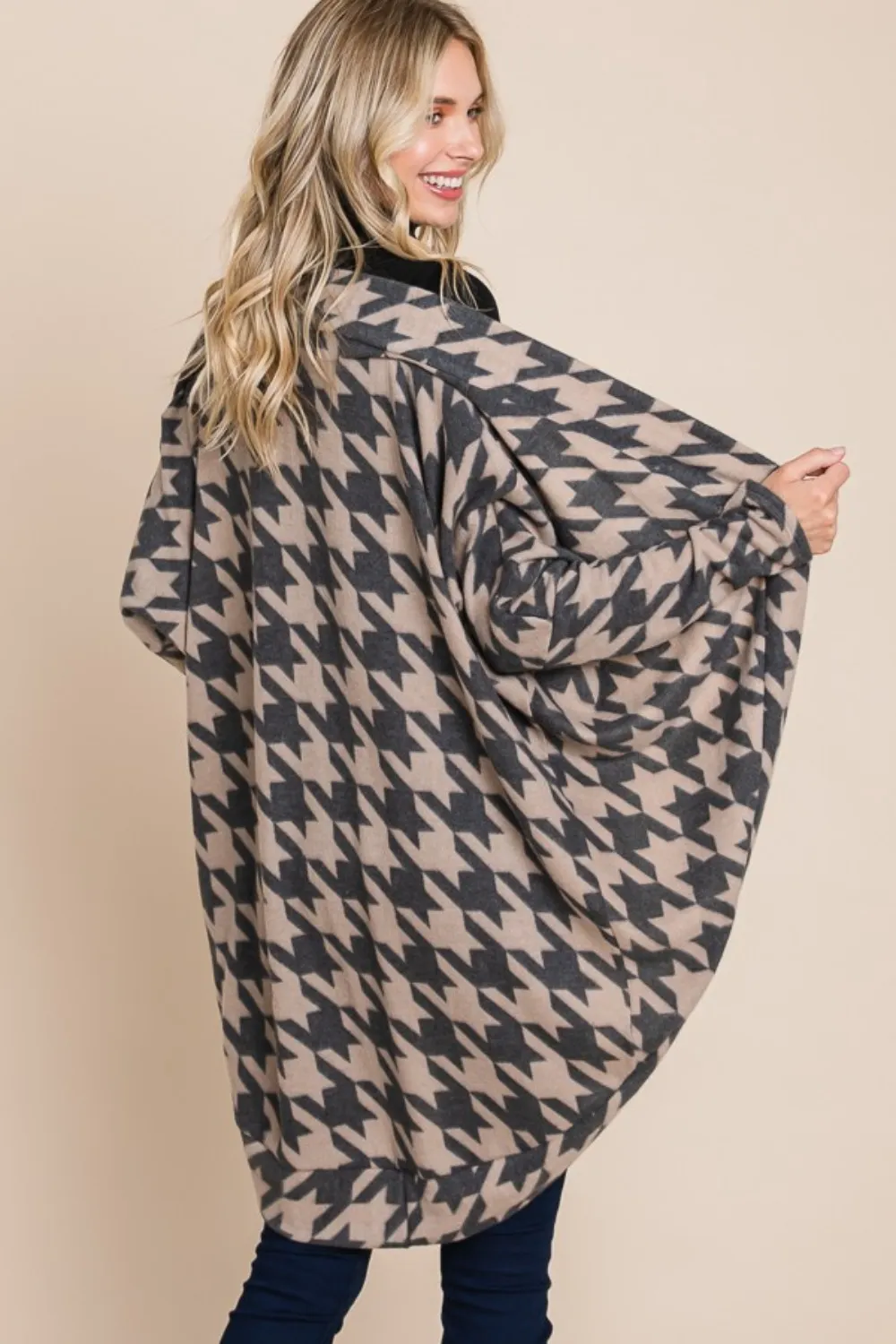 Houndstooth Open Front Cocoon Knit Cardigan, image 2