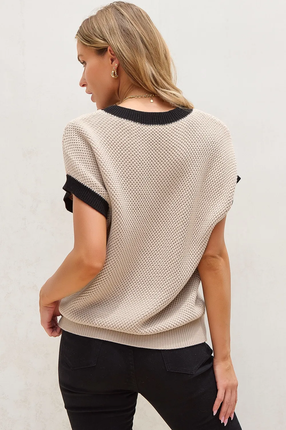 Textured Knit Sweater with Contrast Trim Details, image 4
