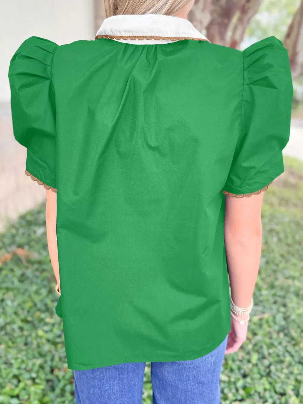 Ricrac Trim Color Block Patchwork Shirt Collar Short Sleeve Blouse, image 3