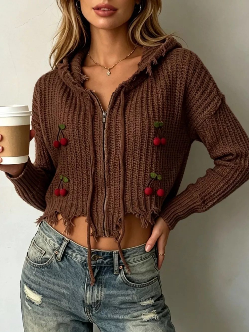 Cherry Knit Zip-Up Hooded Sweater, image 6