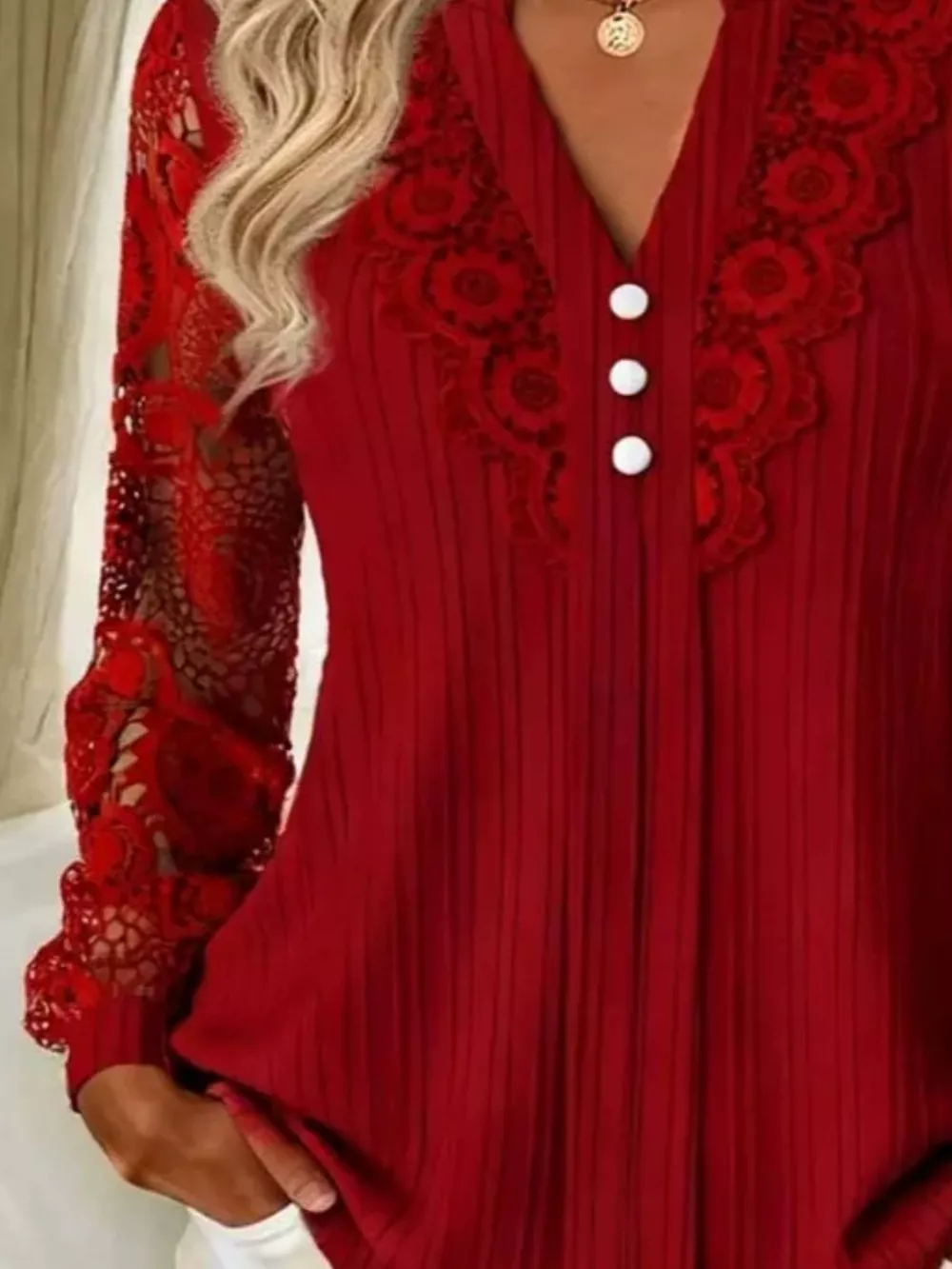 Lace Long Sleeve Notched Blouse, image 2