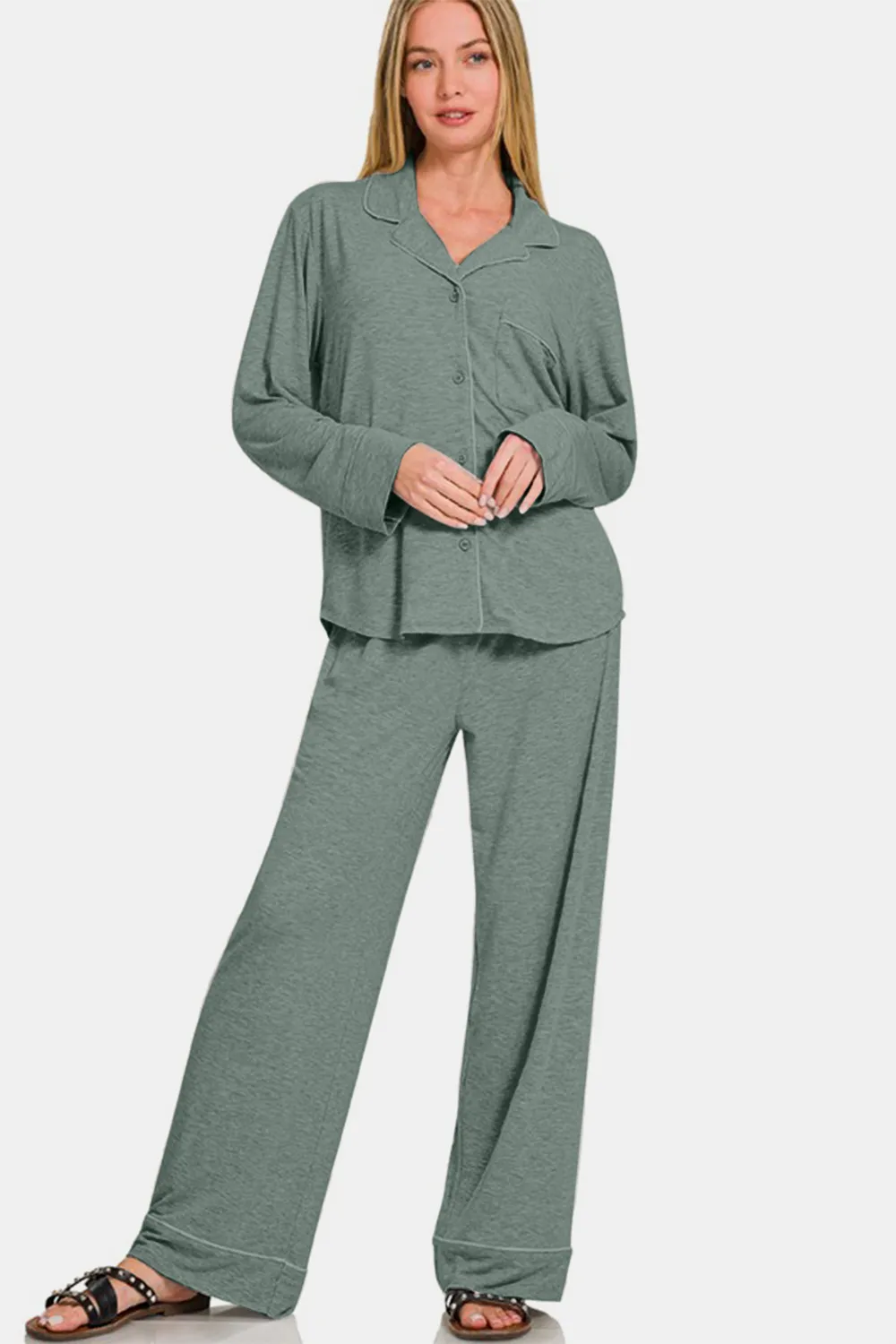 Button Down Long Sleeve Top and Pants Lounge Set, image 3
