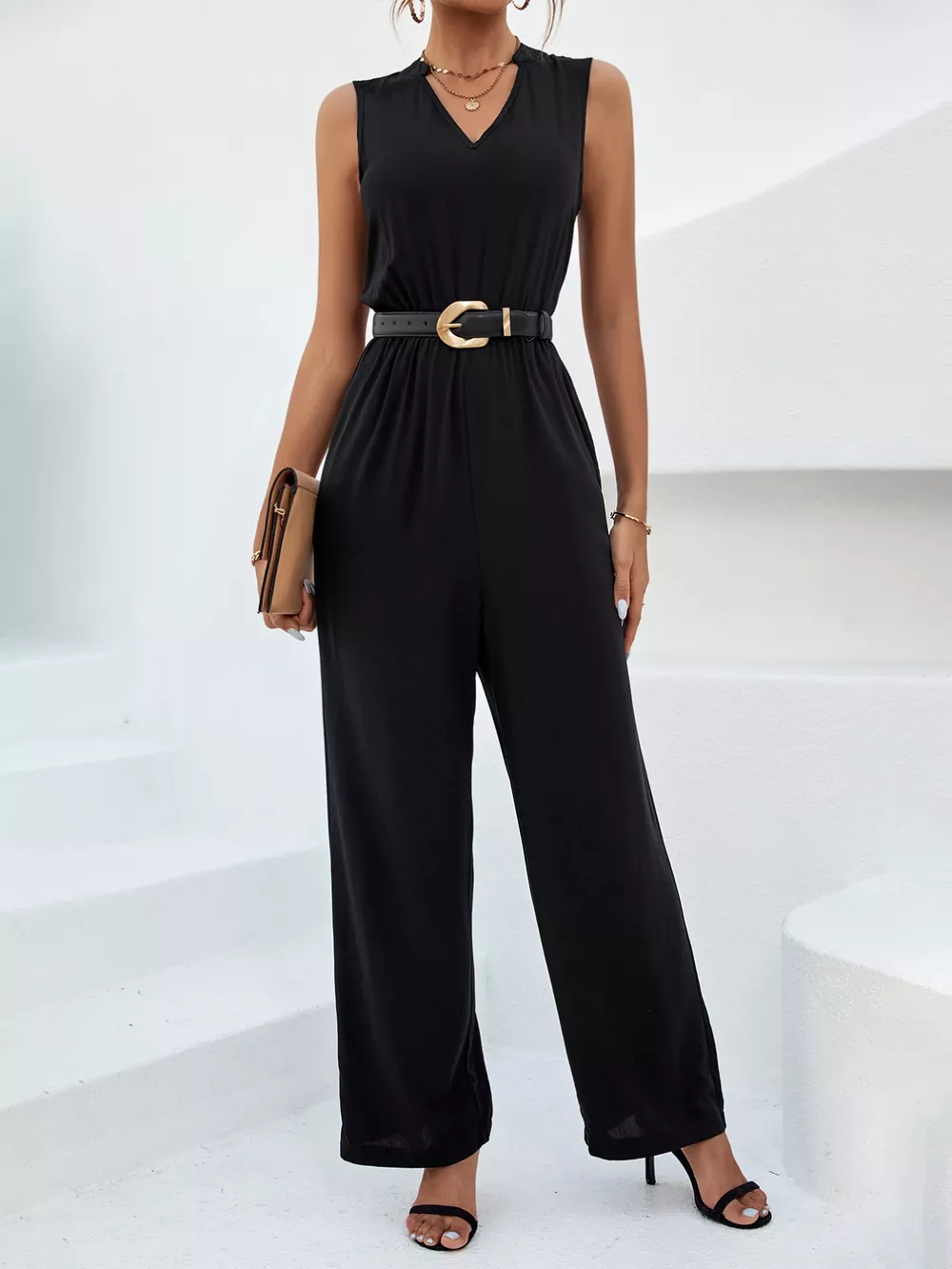 Sleeveless V-Neck Wide Leg Jumpsuit, image 3